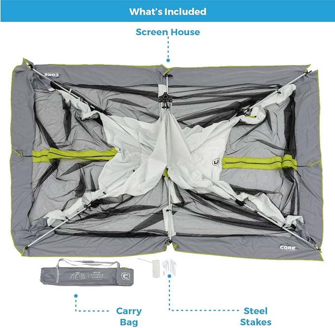 CORE 12'x10' Instant Screen House | Folding and Portable Large Pop Up Canopy Shelter with Included Carry Bag | Perfect for Family Camping Outdoor Picnic Backyards BBQ Tailgate Patio and Party