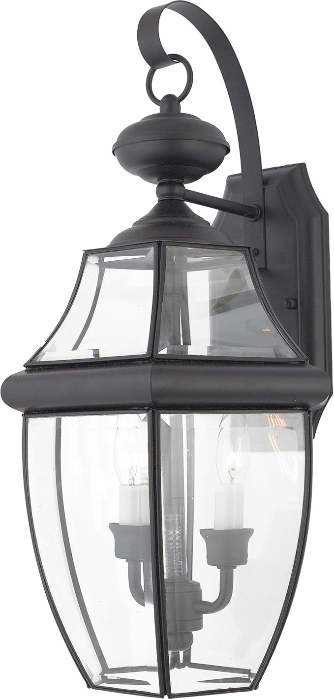 Quoizel Newbury 20 Outdoor Wall Lantern 2-Light Mystic Black with Clear Beveled Glass E12 Base French Country Style