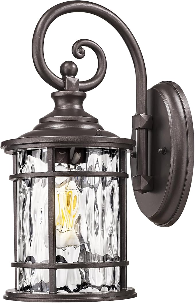 Emliviar 15.5 Outdoor Wall Mounted Light Fixture Farmhouse Porch Lighting in Oil Rubbed Bronze Finish Outside Lantern for Yard with Water Ripple Glass Shade XE229B ORB WG