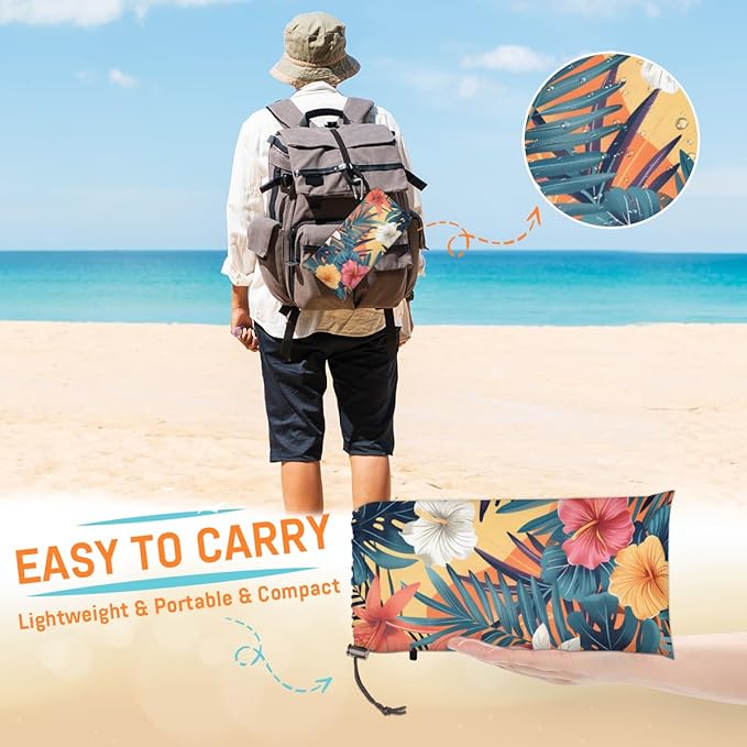 Waterproof Sandproof Beach Blanket 59''×68'' Palm Coconut Flower Polyester Outdoor Picnic Blanket with 4 Stakes &amp Storage Bag for BeachCampingVacation Yellow