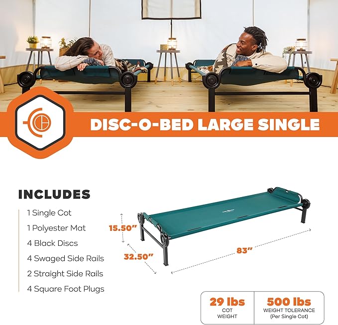 Disc-O-Bed Large Outdoor Modular 1 Person Single Camping Cot Portable Bed for Adults Sleep Solution for Tents Green
