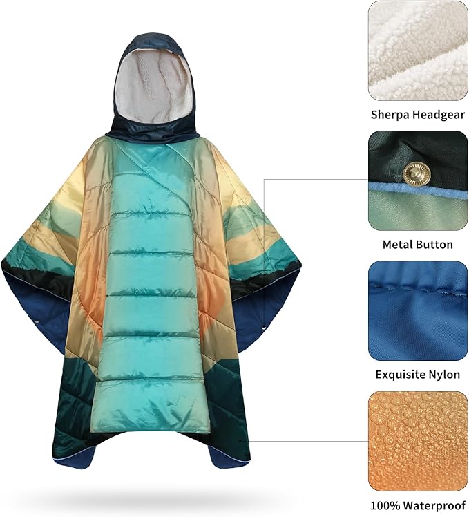 Camping Blanket Poncho Wearable Hoodie Blankets Outdoor Waterproof Windproof Warm Durable &amp Portable for Stadium Concerts CarTravel Beach Picnic Grass75 * 52 inch