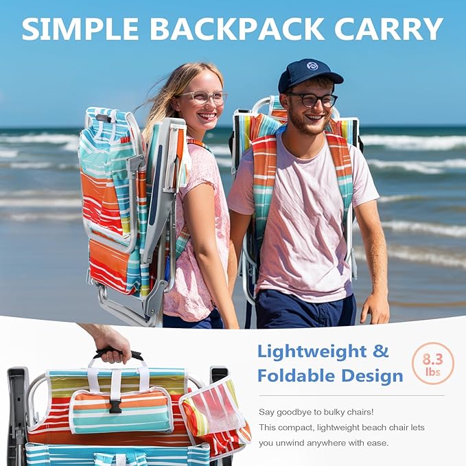 5-Position Aluminum Lay Flat Backpack Beach Chair Compact Portable Low Beach Chairs for Adults with Cooler Pouch Storage Pouch Towel Bar Cup Holder &amp Phone Holder Multicolor Stripe