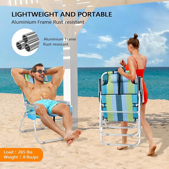 VINGLI 2 Pack Tall Beach Chair 16 with 5-Position Cooler Bag Cup Holders Towel Bar Lightweight Folding Beach Camping Chairs for Adults
