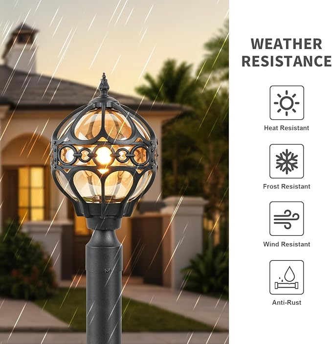 2 Pack Outdoor Globe Lamp Post Light Fixtures 15.8 Black Sphere Post Top Lantern for Patio Porch Driveway Hardwired Anti-Rust Aluminum Pillar Light with Amber Glass Fits Standard 3 Post