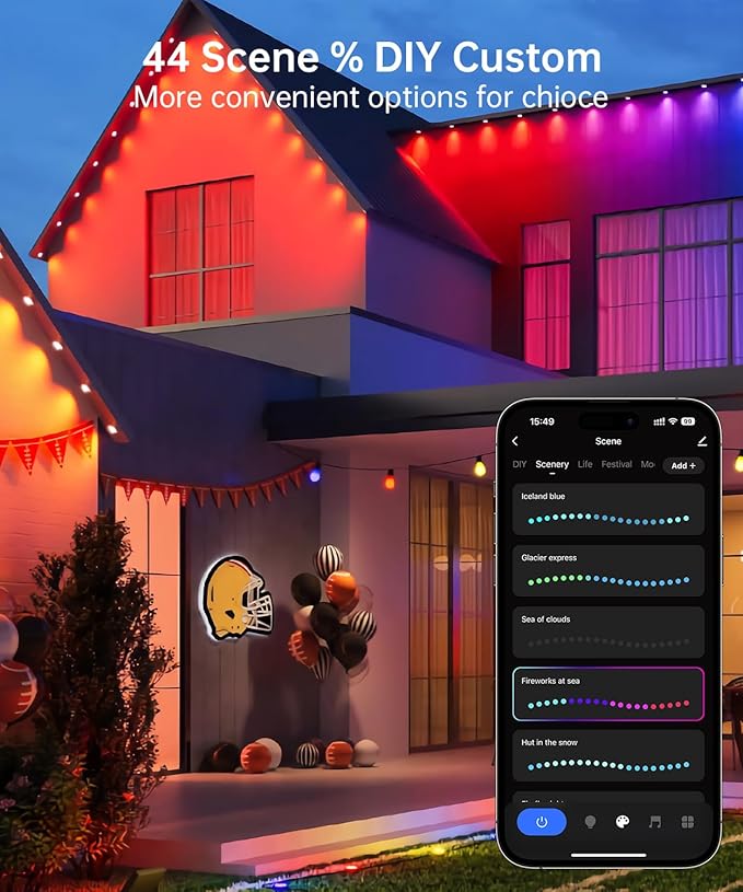Smart Permanent Outdoor Lights 50ft with 36 LED RGB String Lights IP67 Waterproof Eaves Light with 44 Scene Modes for Halloween Christmas Birthday Holiday Party APP/Voice/Remote Control