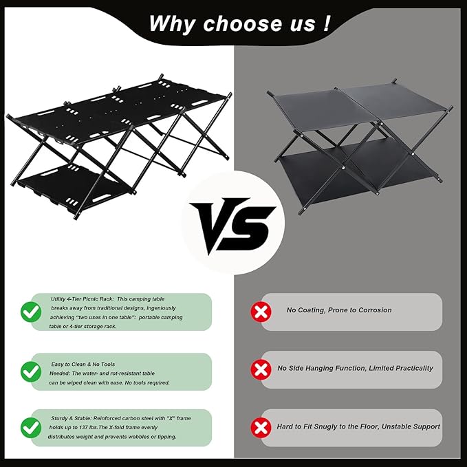 Folding Camping Table Portable Multi-Functional 4-Tier Picnic Rack Carbon Steel 37 with Storage Bag and 4 Hooks Indoor Outdoor Heavy Duty Portable for Picnic Party Camping