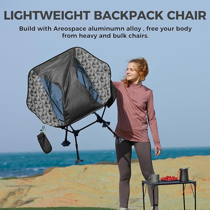 ATEPA UFO3.0 Backpacking Camping Chair Ultralight Extra Wide Comfortable Folding Chairs Heavy Duty Portable Hexagon Ergonomic Height Adjustable Seat with Anti-Sinking Feet for Hiking Outdoor Black