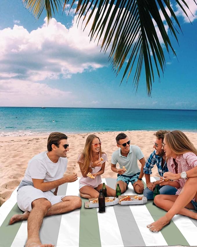 Modern Art Beach Blanket Waterproof Sandproof 83x79 Gray Sage Green Stripes Oversized Beach Mat with 4 Corner Sand Pocket &amp 4 Stakes Compact Outdoor Picnic Mat for Camping Travel Festivals