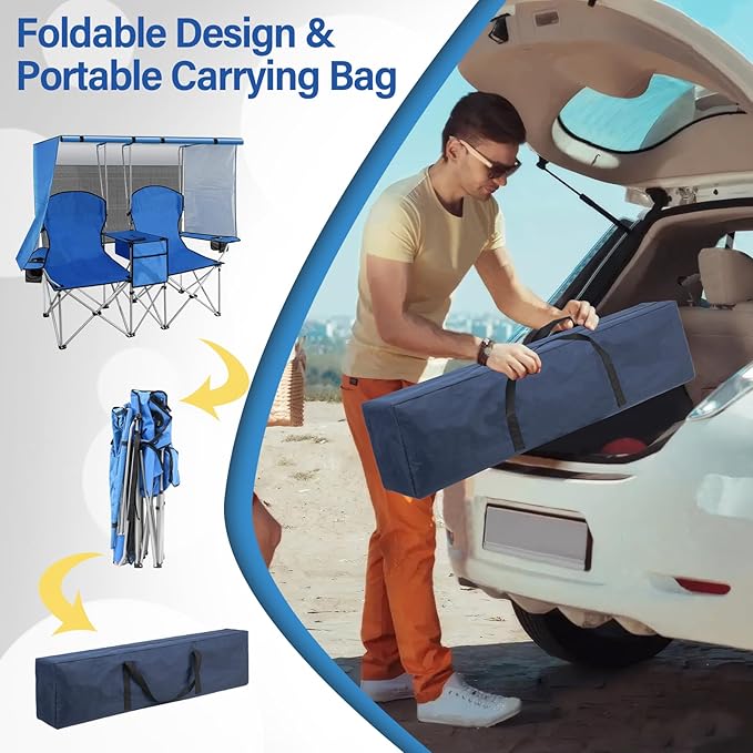 PLKO Portable Double Camping Chair with Canopy ShadeHeavy Duty Beach Chairs for AdultsFolding Beach Chair with Cooler Bag for Sports Backyard Fishing Outside（Blue）