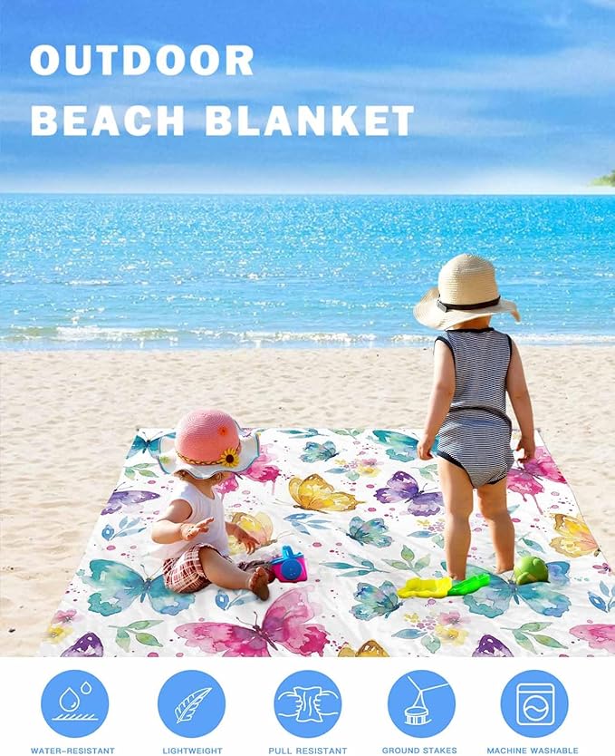 Beach Blanket Waterproof Sandproof OversizedWatercolor Country Butterflies Beach Mat with Corner Stakes Sand PocketsSpring Flowers Art Outdoor Picnic Mat for Travel Camping Hiking108x84In