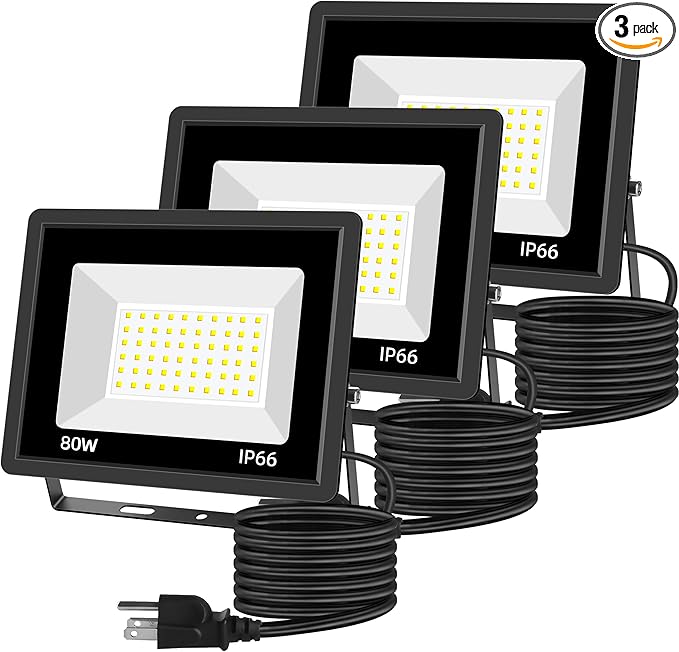 80W LED Floodlights 3 Pack Super Bright Exterior Security Lights IP66 Waterproof Outdoor Flood Light 10400LM 5000K Daylight White Work Lights for Garden Garage Patio