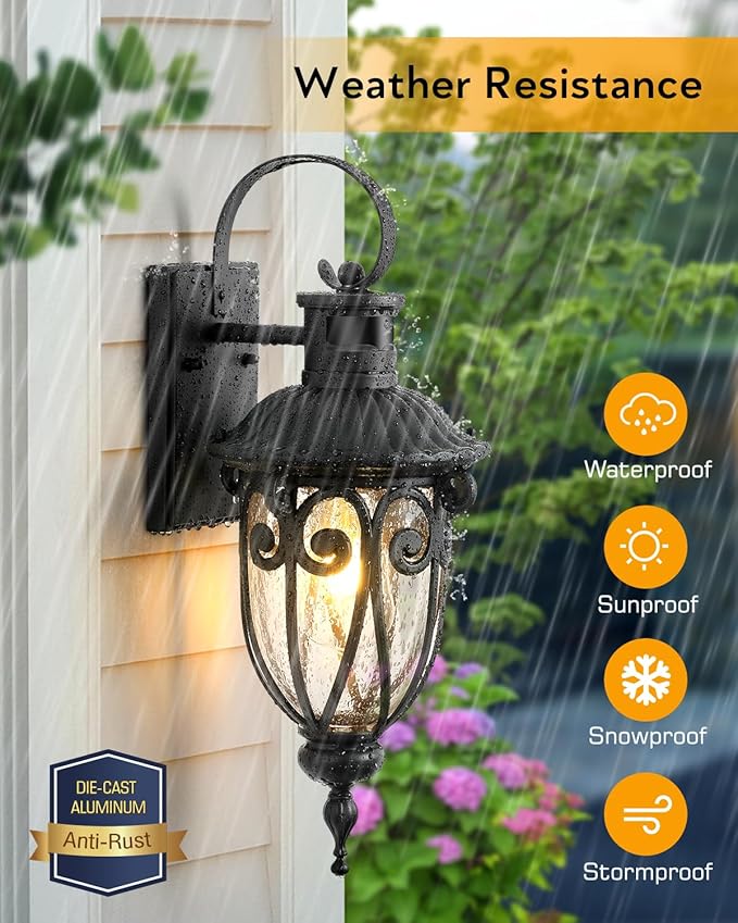 VIANIS Motion Sensor Outdoor Lights Black Motion Lights for Outside Dusk to Dawn Outdoor Light Fixtures with Seed Glass 100% Aluminum Exterior Lighting Fixtures with House Garage Porch Doorway