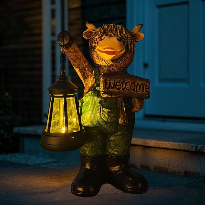 Solar Garden Decor Statues: Handmade Resin Statue with LED LightHighland Cow Figurine Outdoor Garden Decor Unique Gifts for Women Mom Grandma (Green cow1)