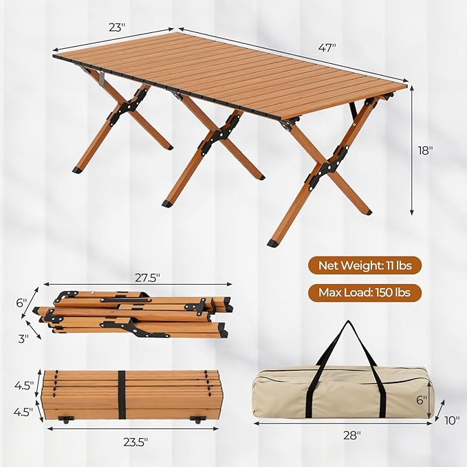 GYMAX Folding Camping Table Aluminum Roll-Up Picnic Table with Carrying Bag Portable Low Beach Table for Outdoor Travel Hiking Party BBQ Backyard