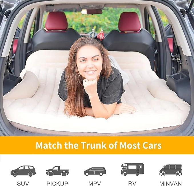 KMZ SUV Air Mattress Thickened and Double-Sided Flocking Travel Camping Bed with 2 Pillows &amp Electric Pump Dedicated Mobile Cushion Inflatable Bed for SUV Trunk and Rear Seat (Beige and Coffee)