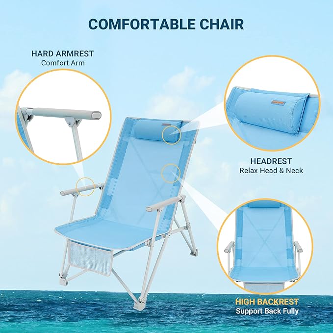 #WEJOY High Back Beach Chairs Portable Low Folding Beach Chair for Adults with ArmrestHeadrest for Outdoor Lawn Festival Sand Concert Travel BBQ300 LBS