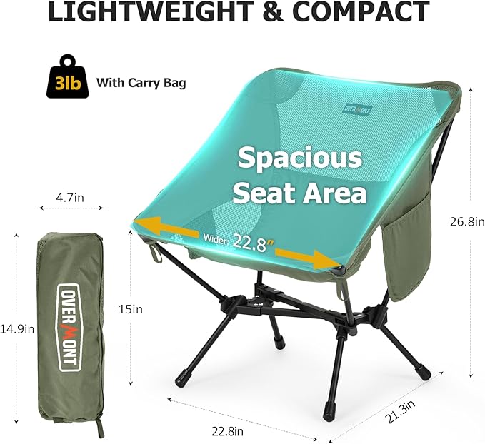 Overmont Ultralight Portable Camping Chair- Lightweight Folding Backpacking Chair Support up to 330Lbs Compact Beach Chair for Adults with Carry Bag for Backpack Hiking Fishing Outdoor Camp 2pcs