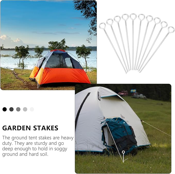 Luxshiny 10pcs Outdoor Tent Stakes Metal Ground Pegs Galvanized Round Loop Camping Tent Anchors 6x230mm for Hiking and Garden Use