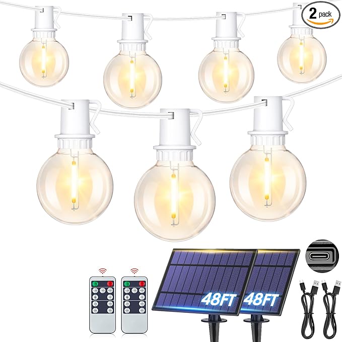 Mlambert 96Ft(2x48Ft) Solar String Lights Outdoor Waterproof Patio Lights with 18 Shatterproof G40 Bulbs(2 Spare) Led Light for Backyard-White Wire