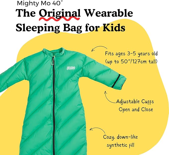 Mighty Mo 40° Kids Sleeping Bag (Ages 3-5). The Comfiest Coziest Camping Sleeping Bag for Kids with Adjustable Cuffs.