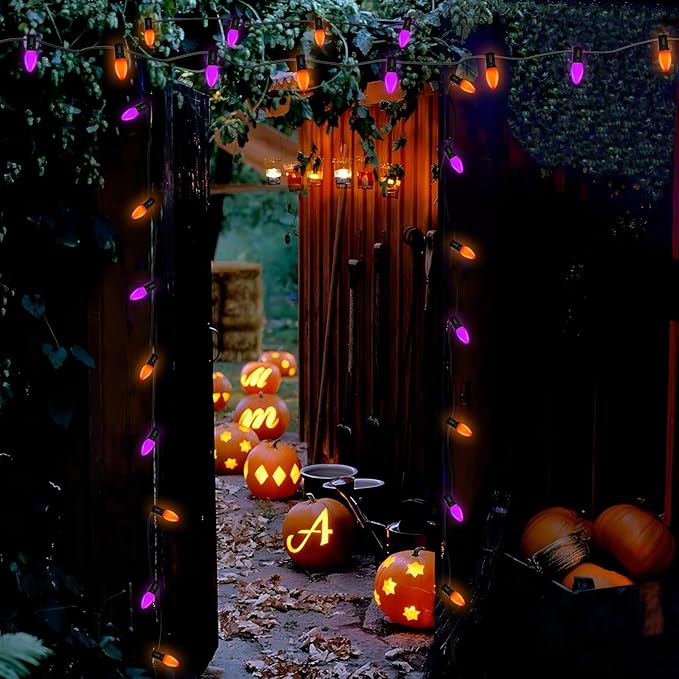 SUNSGNE C7 LED Halloween String Lights Outdoor 25FT Orange Purple String Lights with 27 Shatterproof Plastic LED Bulbs(2 Spare) for Patio Balcony Backyard Decor Black Wire