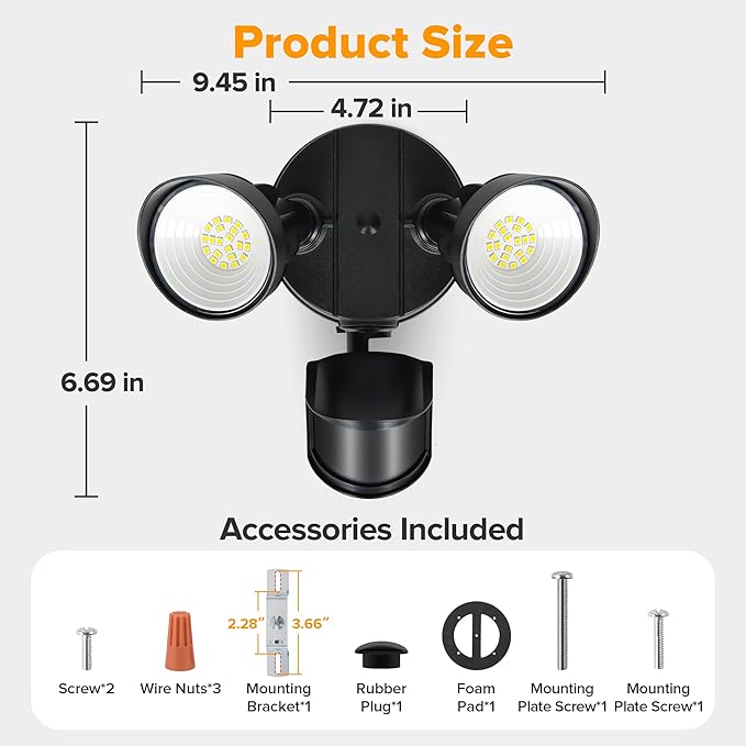 UME LED Security Light Motion Sensor Outdoor Lights 27W 3000LM 5000K IP65 Waterproof Dusk to Dawn 2 Head Motion Detector Flood Light for Outside Garage Yard (Black)