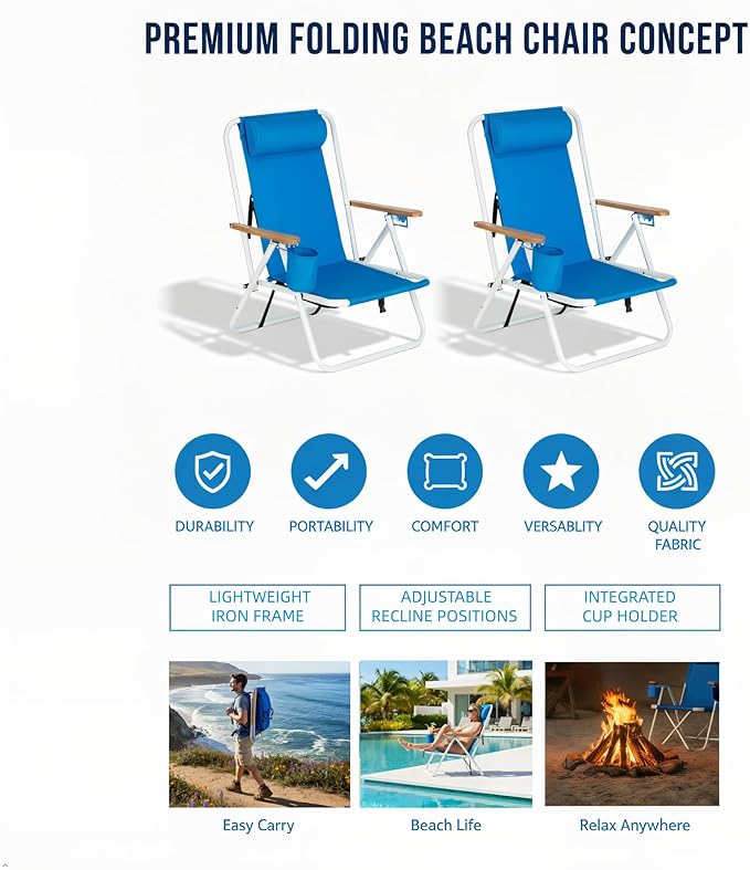 1PC Portable High Strength Beach Chair with Adjustable Headrest &amp Cup Holder Iron &amp 600D Polyester 330lbs Capacity Blue Foldable Chair for Beach Camping Hunting Fishing (Blue 1PC)