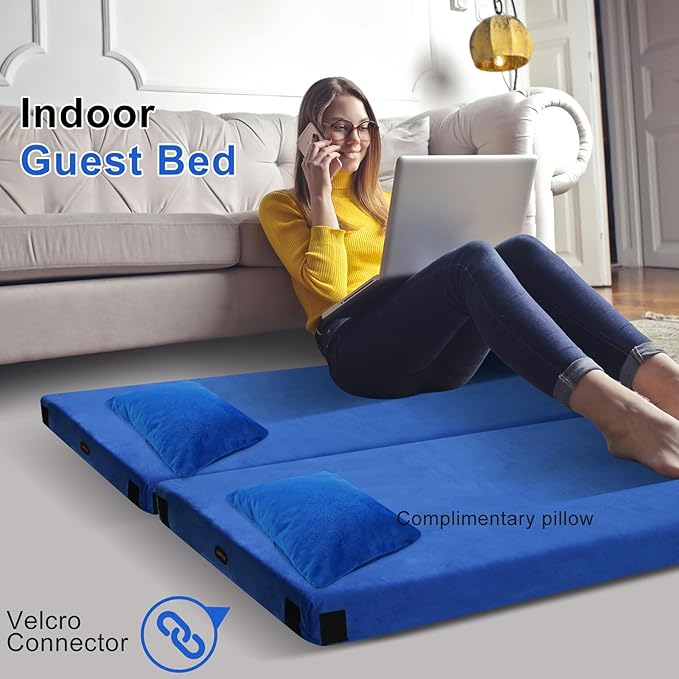 Memory Foam Camping Mattress pad Sleeping Mat for Adults with Non-Slip Bottom Portable Roll Up Mattress Cot Pad for Car Camping(Twin XL Blue)