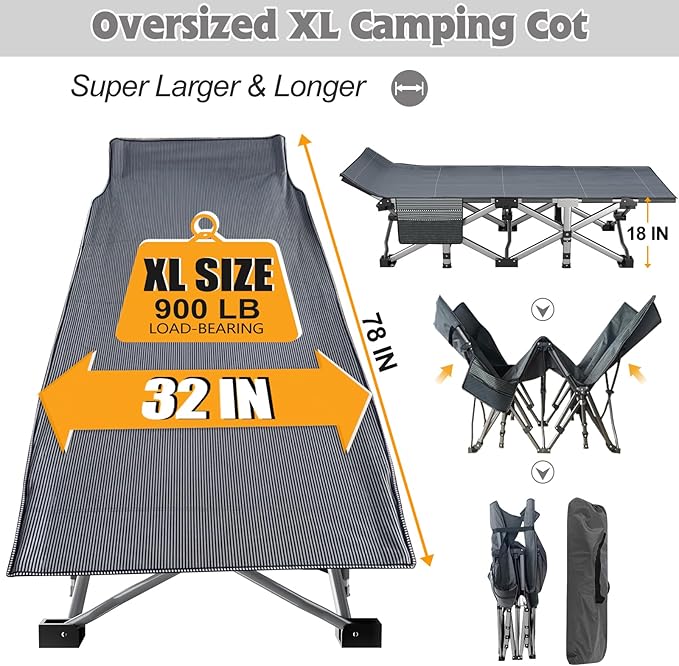 ABORON Oversized XXL Folding Camping Cot W/Mat for Adults 78 L x 32 W x 18 H Heavy Duty Outdoor Bed with Carry Bag1200 D Layer Oxford Travel Camp Cots
