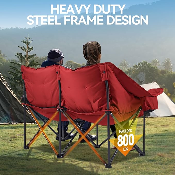 Double Camping Chairs Padded Loveseat Chair for 2 Person - Heavy Duty Oversized Camping Couch for Adults Outdoor Lawn Beach - Portable Folding Sofa with Cup Holders and Carry Bag Red