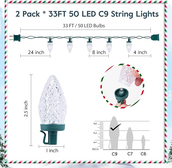 Brightown 2 Pack Blue and White C9 LED Christmas String Lights - 33ft 50 LED Waterproof Strawberry String Lights Plug-in Extendable Green Wire Lights String for Outdoor Indoor Patio Party Decoration