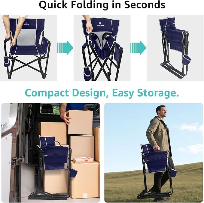 Rocking Camping Chair Rocker Folding Chair Lawn Chairs with Cup Holders Foldable Outdoor Freestyle Navy Blue