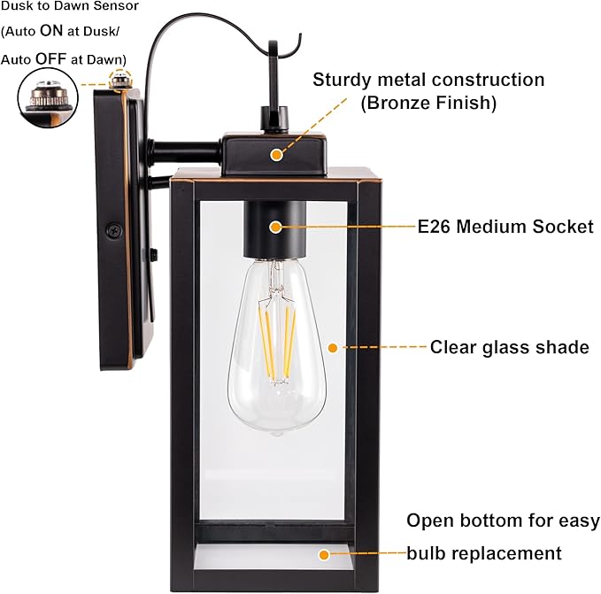 GRUENLICH Dusk to Dawn Outdoor Wall Lantern Wall Sconce for Porch Lighting Fixture E26 Base Max 60W Metal Housing Plus Glass Oil Rubbed Bronze Finish Bulb Not Included 1-Pack