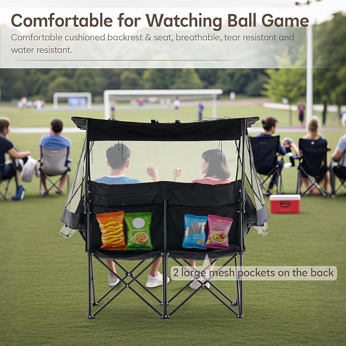 TUKAILAi Double Camping Chair with Canopy Shade Oversized Folding 2 Person Loveseat with Cup Holders and Side Pockets Portable Outdoor Couch for Beach Lawn Picnic Fishing (Black + Grey)