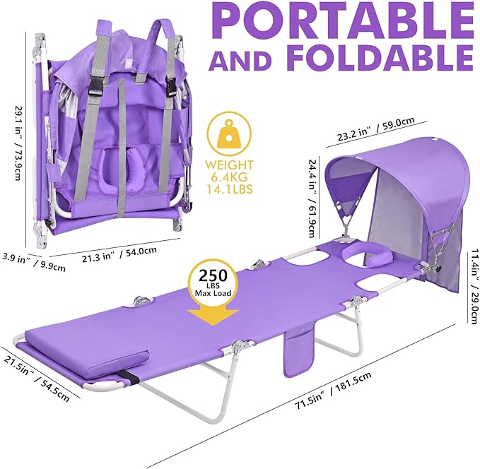 Backpack Beach Tanning Chair with Canopy Sun Shade &amp Face Hole 6 Position Folding Lounge Sun Chair for Adults Outside Reading Sunbathing Poolside Camping Lawn UPF 50+ 2 Pack Patent Design
