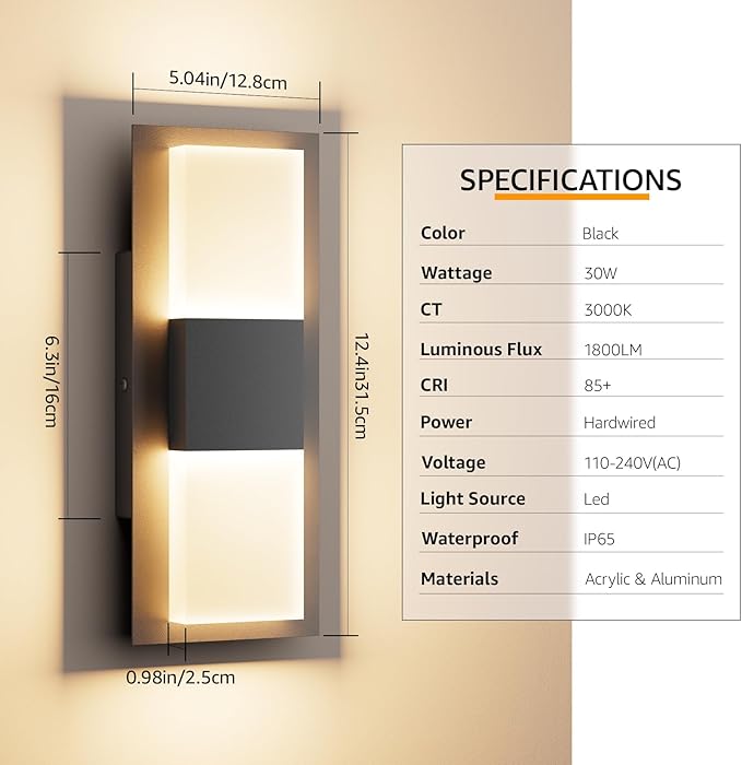 12.4 inches Outdoor Led Wall Light 30W 3000K Hardwired Porch &amp Patio Aluminum Sconces with Frosted Acrylic LampshadeIP65 Waterproof Exterior Wall Lamp for GarageFront Door(Black2Pack)
