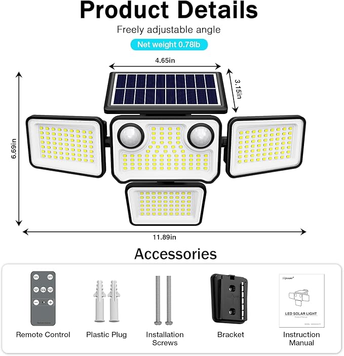 4500LM Solar Lights Outdoor Waterproof 254 LED Solar Flood Lights Outdoor with 2 Motion Sensor 4 Heads Security Light with Remote Control for Yard Outside House Garage 2 Pack