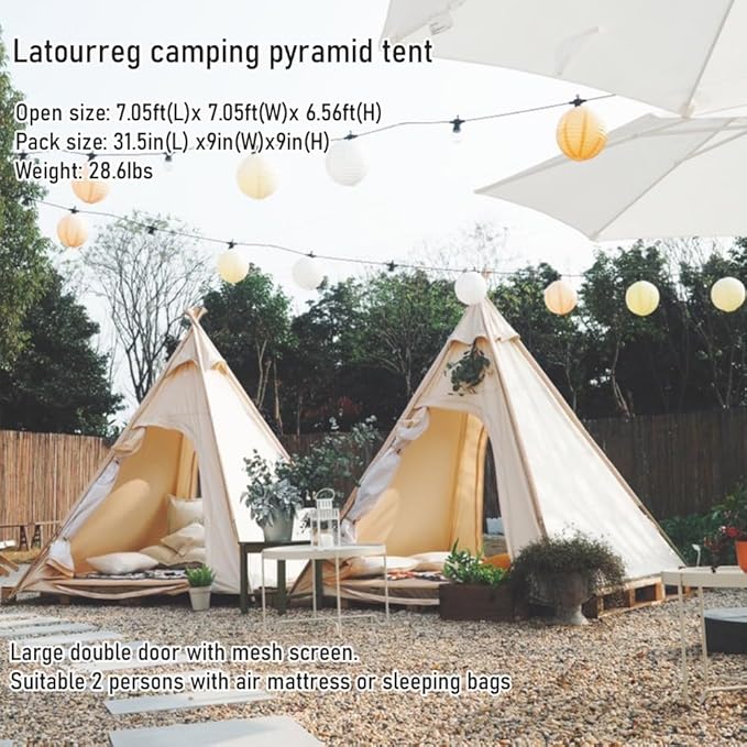 Latourreg 2 Person Outdoor Camping of 2M Canvas Camping Pyramid Tent Large Adult Teepee Pagoda Tent