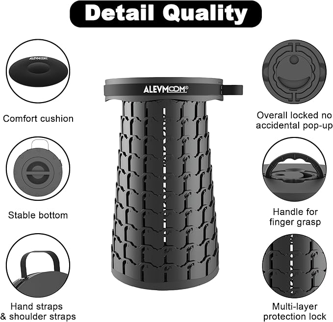 ALEVMOOM Upgraded 19.7 XXL Collapsible Stool with Cushion Portable Telescoping Stool Capacity 1000lbs Heavy Duty Retractable Folding Chair for Adults for Camping Fishing Hiking BBQ