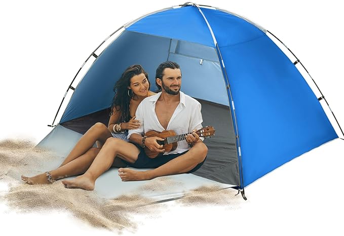Beach Tent for 2-4 Persons Beach Tent Sun Shelter UPF50+ UV Protection Sun Shade Witch Huge Breathable Mesh Window Easy Set up for Beach Camping Fishing