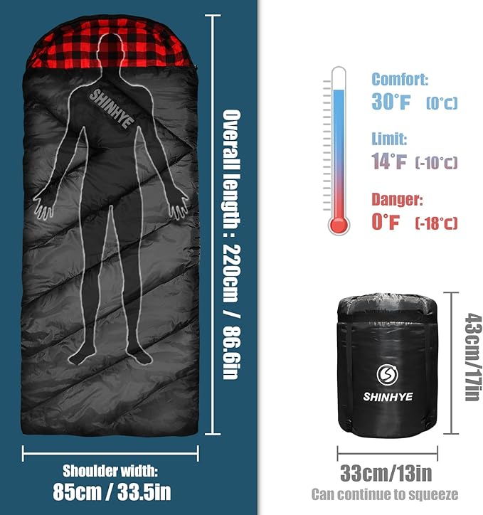 ShinHye 0 Degree Sleeping Bag for Adults - Cotton Flannel 4 Season Cold Weather Winter XXL Big and Tall Camping Sleeping Bag with Compression Sack