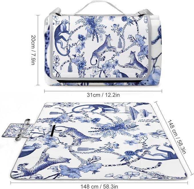 Blue and White Chinese Style Chinoiserie Folk Waterproof Outdoor Picnic Blanket Sandproof Beach Mat for Camping Hiking Grass Travelling
