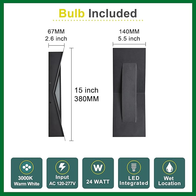 2 Pack LED Outdoor Wall Lights Dimmable 3000K 15 Modern Black Outdoor Wall Sconce ADA Compliant IP65 Waterproof Boat Design Exterior Wall Light for Entrance Hallway Garage Porch