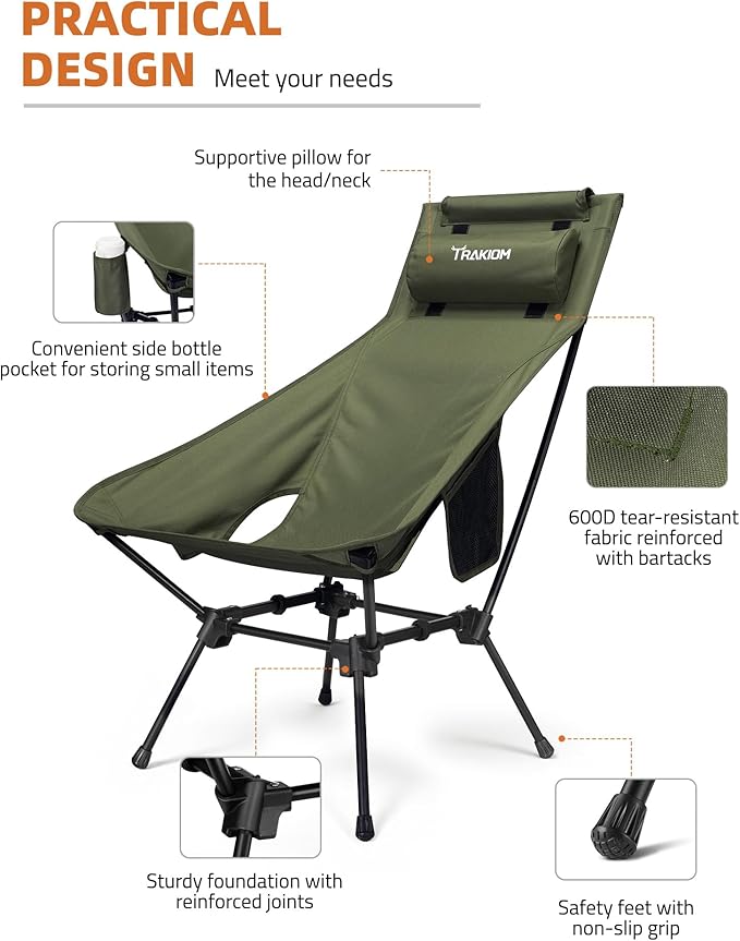 High Back Portable Compact Camping Chair Lightweight Green Folding Chair with Head Support &amp Widened Seat Adjustable Head Support for Beach Camping Festival Hiking and Outdoor Travel