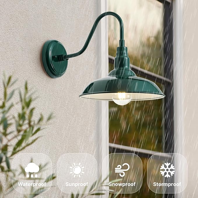 10in Outdoor Gooseneck Barn Light Wall Mount Green Exterior Farmhouse Porch Lights with White Interior Small Dome Outdoor Patio Gooseneck Wall Sconce Garage Lighting for House Cabin