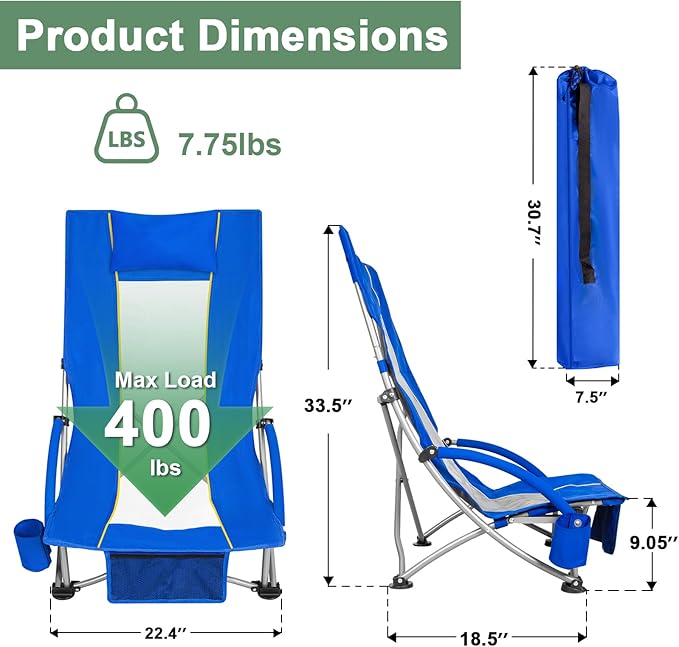 Romswi High Back Beach Chair Compact Lightweight Low Seat Camping Chair Fits in Suitcase 400lbs Heavy Duty Oversized Backpack Chair with Cup Holder &amp Storage Bag Blue
