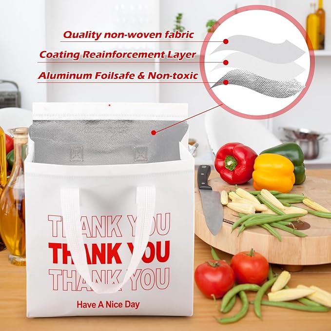 Aliceset 80 Pcs Thank You Insulated Bags for Food Delivery Bulk 9.5 x 9.5 x 6 Inch Thermal Insulation Bag for Cold and Hot Food for Travel Pizza Coffee Milk Catering Restaurant Picnic(White)