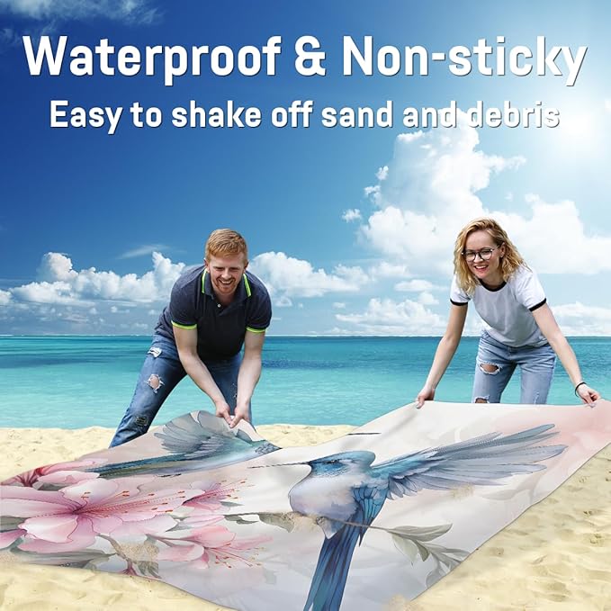 Waterproof Sandproof Beach Blanket 59''×68'' Magpie Polyester Outdoor Picnic Blanket with 4 Stakes &amp Storage Bag for BeachCampingVacation Azalea
