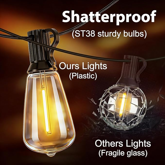 Smart Outdoor String Lights 200FT ST38 LED Patio Lights with Timer Remote APP Control 84 Shatterproof LED Bulbs (4 Spare) Dimmable Waterproof Hanging Light for Backyard Porch Party Decor